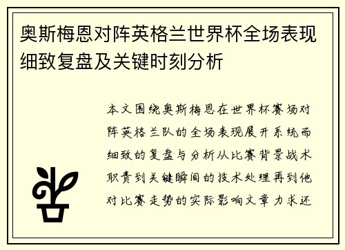 奥斯梅恩对阵英格兰世界杯全场表现细致复盘及关键时刻分析